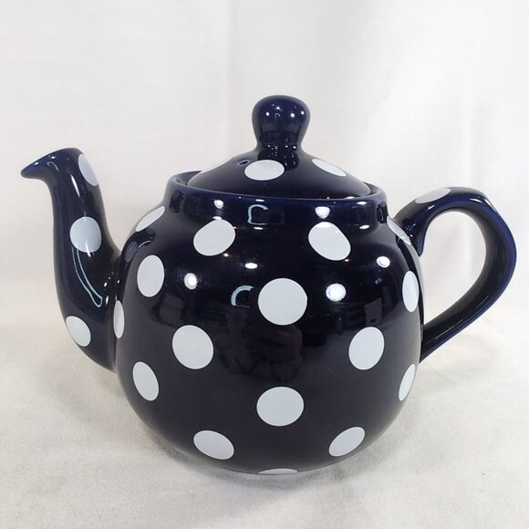 London Pottery Navy Blue White Polka Dot Teapot Lid Ceramic Dot Globe 6 Cup Tea - Picture 1 of 12